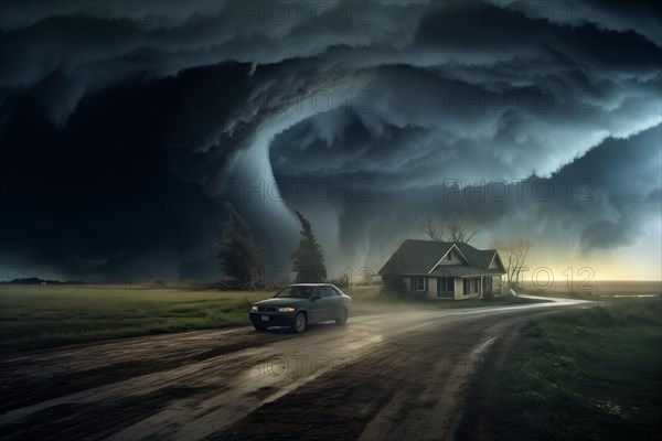 Disaster catastrophe storm concept, tornado in a field in the USA with wooden house and car on road under stormy dark sky, AI generated