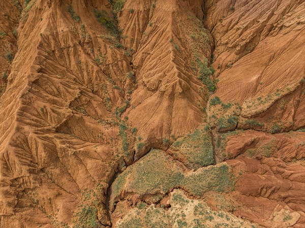 Top down view, gorge with eroded red sandstone rocks, Konorchek Canyon, Boom Gorge, aerial view, Kyrgyzstan, Asia