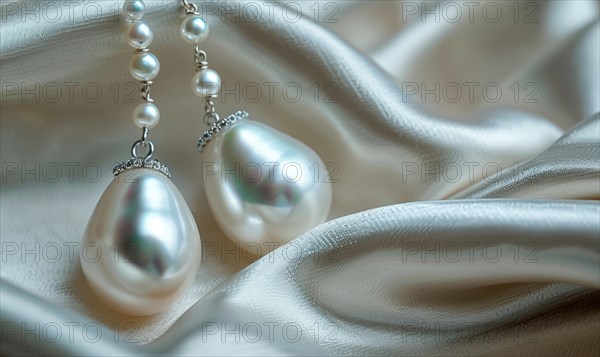 Pair of pearl drop earrings delicately arranged on a smooth satin material background AI generated