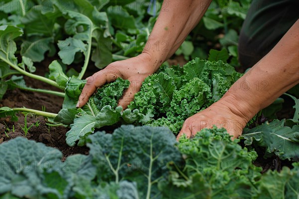 Hands harvesting salad in vegetable garden. KI generiert, generiert, AI generated