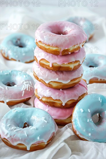 Stack of donuts with pastel pink and blue glazing. KI generiert, generiert, AI generated