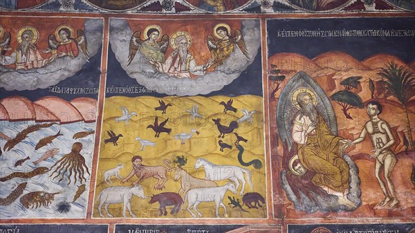 Fresco depicting the baptism of Jesus with animals and birds in a lively river landscape, Panagia Church, St Mary's Church, Lindos village, Rhodes, Dodecanese, Greek Islands, Greece, Europe