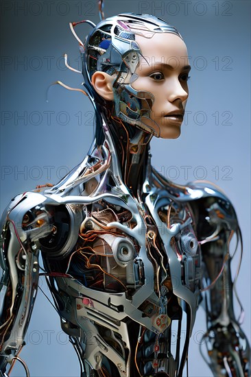 AI generated cybernetic organism merging detailed anatomy sketches with digital circuitry and robotic parts