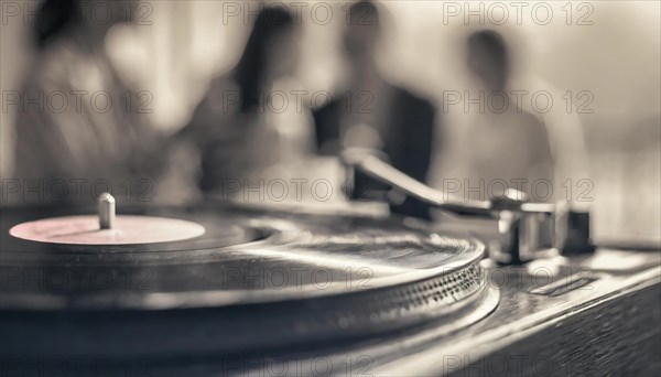 Black and white image of a turntable with a vinyl record, evoking nostalgia, AI generated