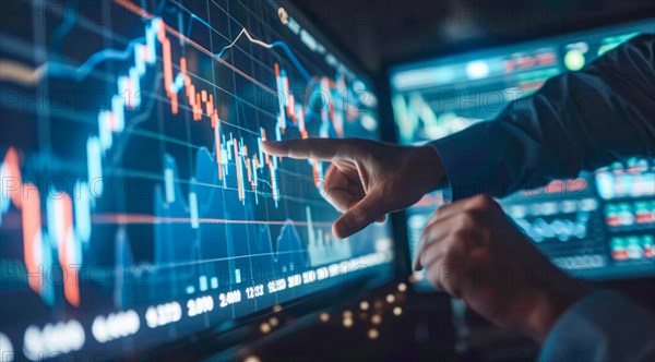 A man is pointing at a graph on a transparent screen showing market and economy trends, AI generated