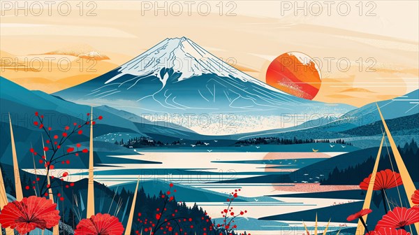 A serene panorama with the impressive Mount Fuji in the distance, flanked by geometric designs and abstract shapes influenced by Japanese cultural symbols, representing a harmonious combination of nature and human creativity, Japan, AI generated, AI generated, Asia