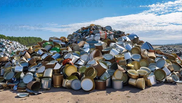 Symbol photo, waste, a large quantity of empty open tinplate cans on a heap, AI generated, AI generated