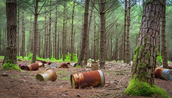 Symbolic photo, a forest of thick tree trunks, many rusty tin cans on the ground, waste, environmental pollution, AI generated, AI generated