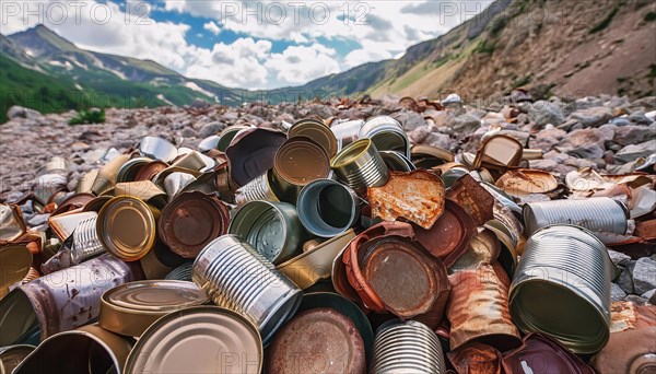 Symbol photo, many empty tin cans, partly crushed, rusty, dirty, lying in the landscape, AI generated, AI generated