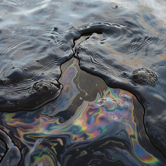 Curved oil films on water with rainbow colours and fascinating patterns, pollution, environmental protection, AI generated
