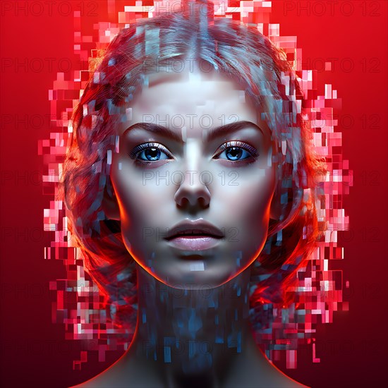 AI generated female human head digitalised in pixel art style presenting a mosaic of vibrant hues in neon glow