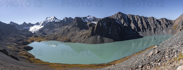 Panorama, On the way to the Ala Kul Pass, View of mountains and glaciers and turquoise Ala Kul mountain lake, Tien Shan Mountains, Kyrgyzstan, Asia