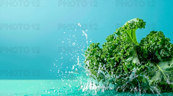 Fresh bunch of green kale floating in water. A concept of vegetarian lifestyle and vegetarian diet, AI generated