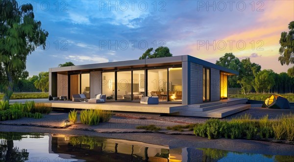 A large private house villa with a pool and a garden. Modern architecture with bright big interiors, AI generated