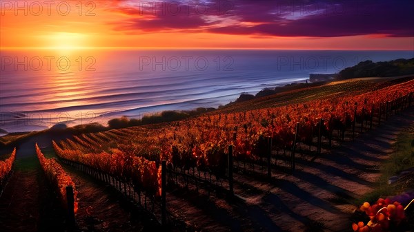 AI generated aerial view of a coastal vineyard with ocean in the background in ambient light