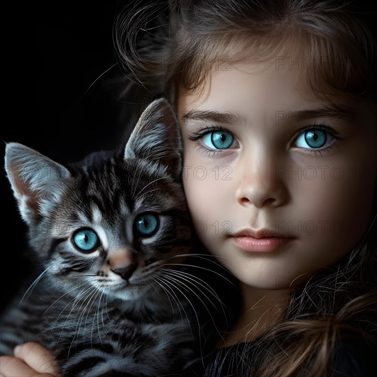 AI generated portrait of a young girl with cute little cat