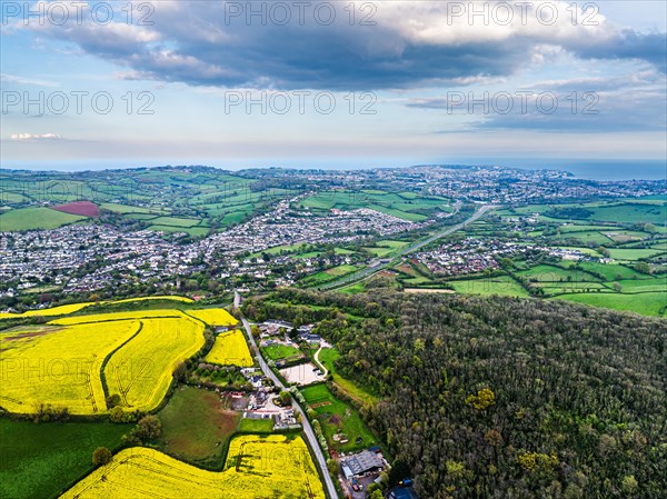 Rapeseed fields and farms from a drone, Torquay, Devon, England, United Kingdom, Europe