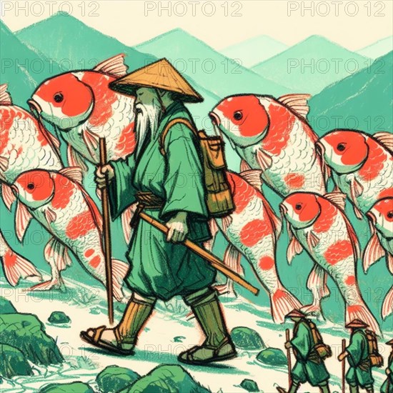 Surreal illustration of a cloaked traveler with a staff walking through a fantasy landscape populated by enormous, vibrant koi fish against a backdrop of rolling hills, AI generated