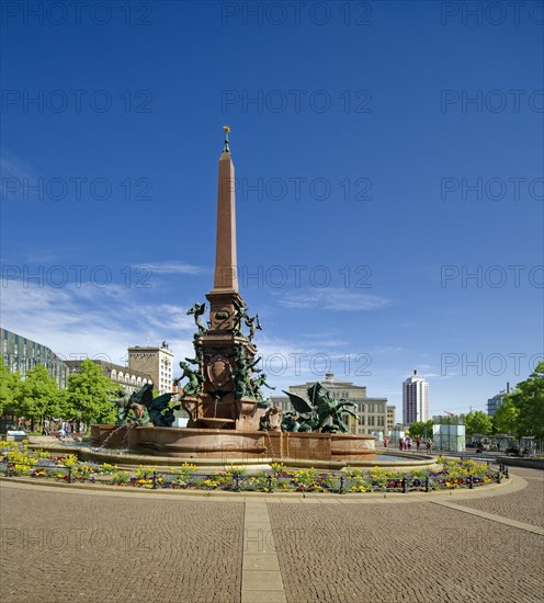 Mendebrunnen, Krochhochhaus, Leipzig Opera House and Wintergarten Tower, Augustusplatz, Leipzig, Saxony, Germany, Europe