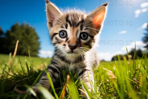 Playful Cute Kitten outdoors in Sunlit Grass. Kitten excitement and wonder as it explores the natural environment on a sunny day, AI generated