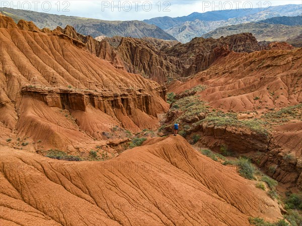 Hiker standing in badlands, gorge with eroded red sandstone rocks, Konorchek Canyon, Boom Gorge, aerial view, Kyrgyzstan, Asia
