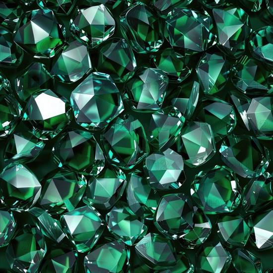 Seamless background of gleaming emeralds on a dark green surface AI generated