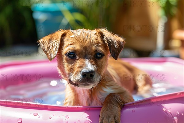 Cute dog in paddling pool with water in summer. KI generiert, generiert, AI generated