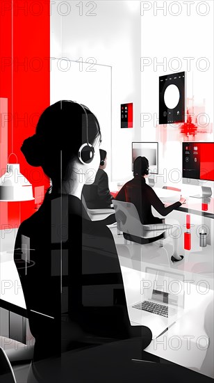 A woman with headphones focused on her work in a stylish modern grayscale and red setting, illustration, AI generated