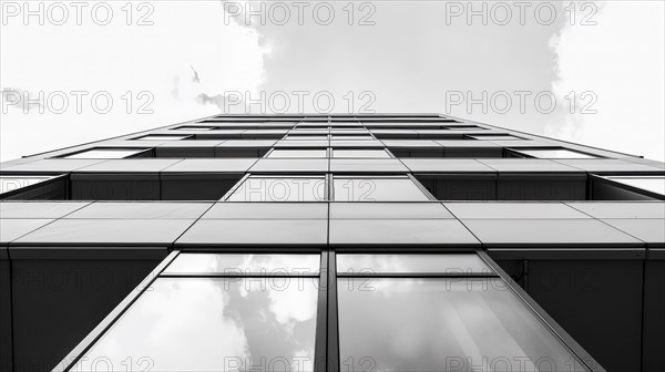 Greyscale image of a skyscraper's glass facade with a cloud reflected in it, AI generated