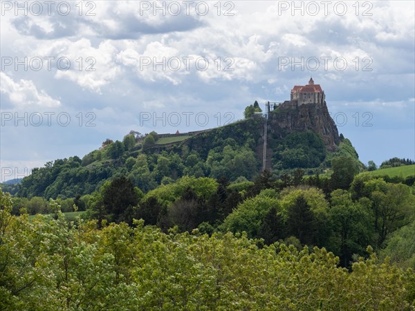 Forest edge, Riegersburg Castle in the background, Styrian volcanic country near Riegersburg, Styria, Austria, Europe