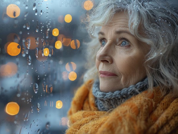 Bad weather, a woman looks sadly outside through a rainy window pane, AI generated