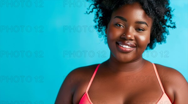 A plus size black afro-american bikini model with curly hair is smiling and wearing a bikini top. Concept of confidence and happiness, AI generated