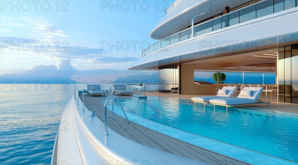 A large luxury yacht with a pool on the side of it. The pool is surrounded by a railing and has a view of the ocean. The yacht is white and has a blue sky in the background, AI generated