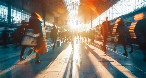 A busy train station with people walking around to board trains, AI generated