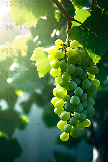 AI generated ripe grapes clinging to a vine sunlight dancing through the leaves accentuating their rich hues