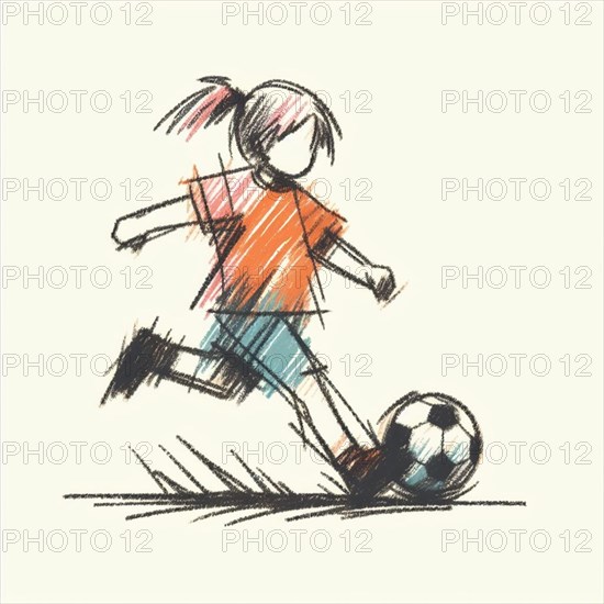 A sketch captures a young girl actively playing soccer in a pink shirt and movement lines, AI generated