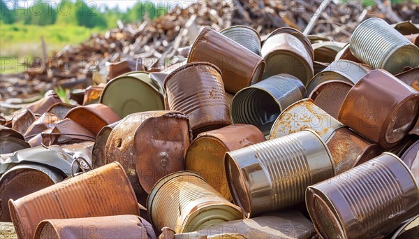 Symbol photo, rubbish, waste, many empty rusty cans in a pile, AI generated, AI generated