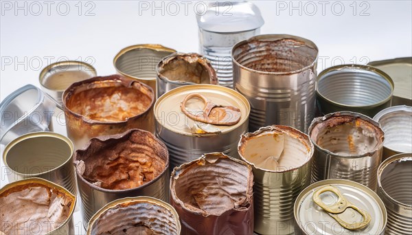 Symbol photo, many empty tin cans, partly crushed, rusty, dirty, on a white background, AI generated, AI generated