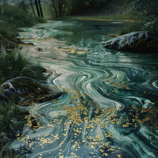 A calm river with glittering golden leaves, surrounded by grass and stones, oil in a river, pollution, environmental protection, AI generated