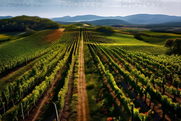 AI generated aerial view of a vineyard landscape interspersed with blooming wildflowers in spring