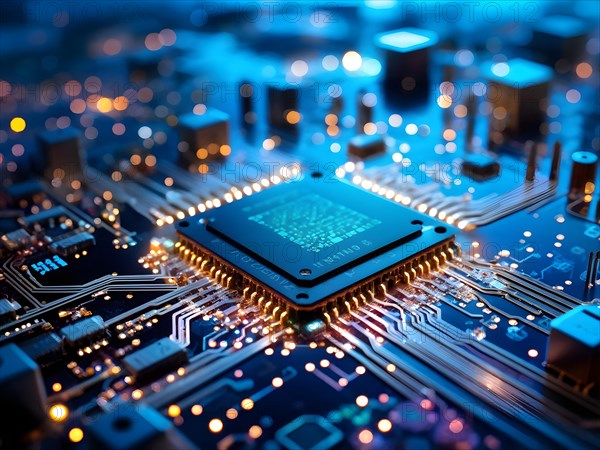 AI generated close up of a computer board featuring a prominent microchip