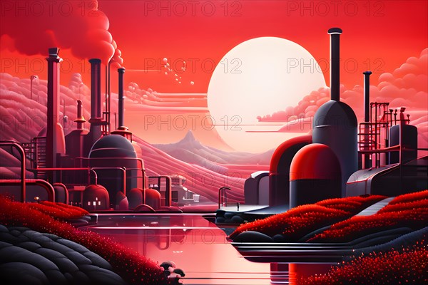 AI generated industrial futuristic landscape merging with ecopunk aesthetics in red colors