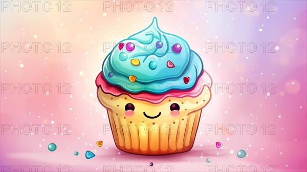 Smiling cartoon cupcake with vibrant blue frosting and colorful sprinkles on a pink background, AI generated