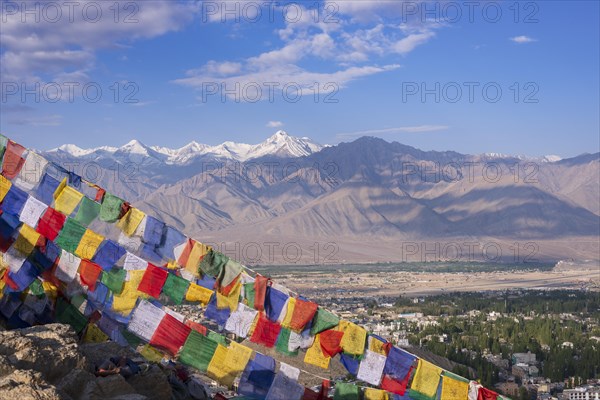 Panorama from Tsenmo hill over Leh and the Indus valley to Stok Kangri, 6153m, Ladakh, Jammu and Kashmir, India, Asia