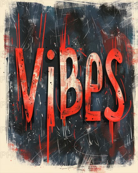 Grunge-style image depicting the word 'Vibes' in red with a heavily textured paint splatter background, AI Generated, AI generated