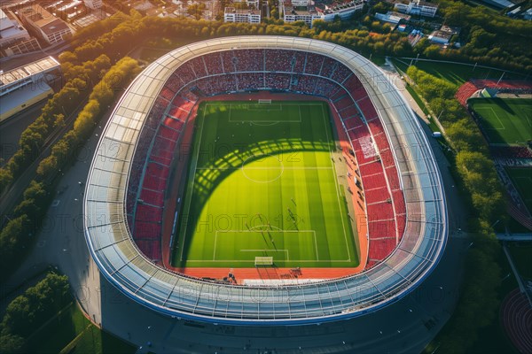 Aerial bird eye top view of a soccer football field stadium on sunset, AI generated