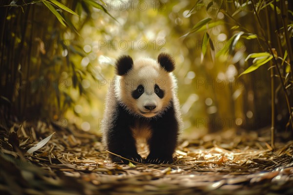 Cute panda cub in a lush bamboo grove, The image showcases the beauty and serenity of nature and wildlife. Endangered species, AI generated