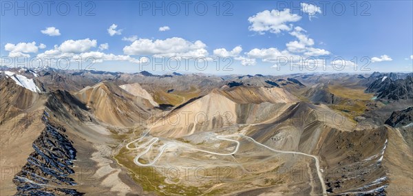 Aerial view, road with serpentines, mountain pass in Tien Shan, Chong Ashuu Pass, Kyrgyzstan, Issyk Kul, Kyrgyzstan, Asia
