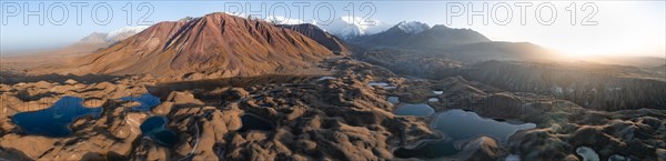 Aerial view, high mountain landscape with glacial moraines and mountain lakes, behind Pik Lenin, Trans Alay Mountains, Pamir Mountains, Osher Province, Kyrgyzstan, Asia