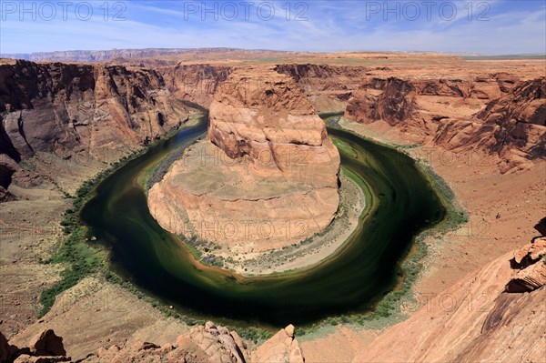 The impressive natural phenomenon of Horseshoe Bend under a clear blue sky, Horseshoe Bend, North America, USA, South-West, Arizona, North America